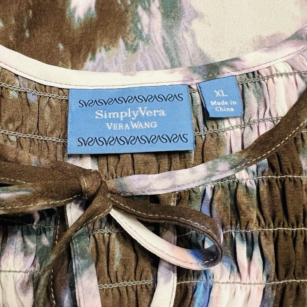 Simply Vera Vera Wang Size XL Brown Multi Color Smock Tie Neckline Blouse - Picture 5 of 5